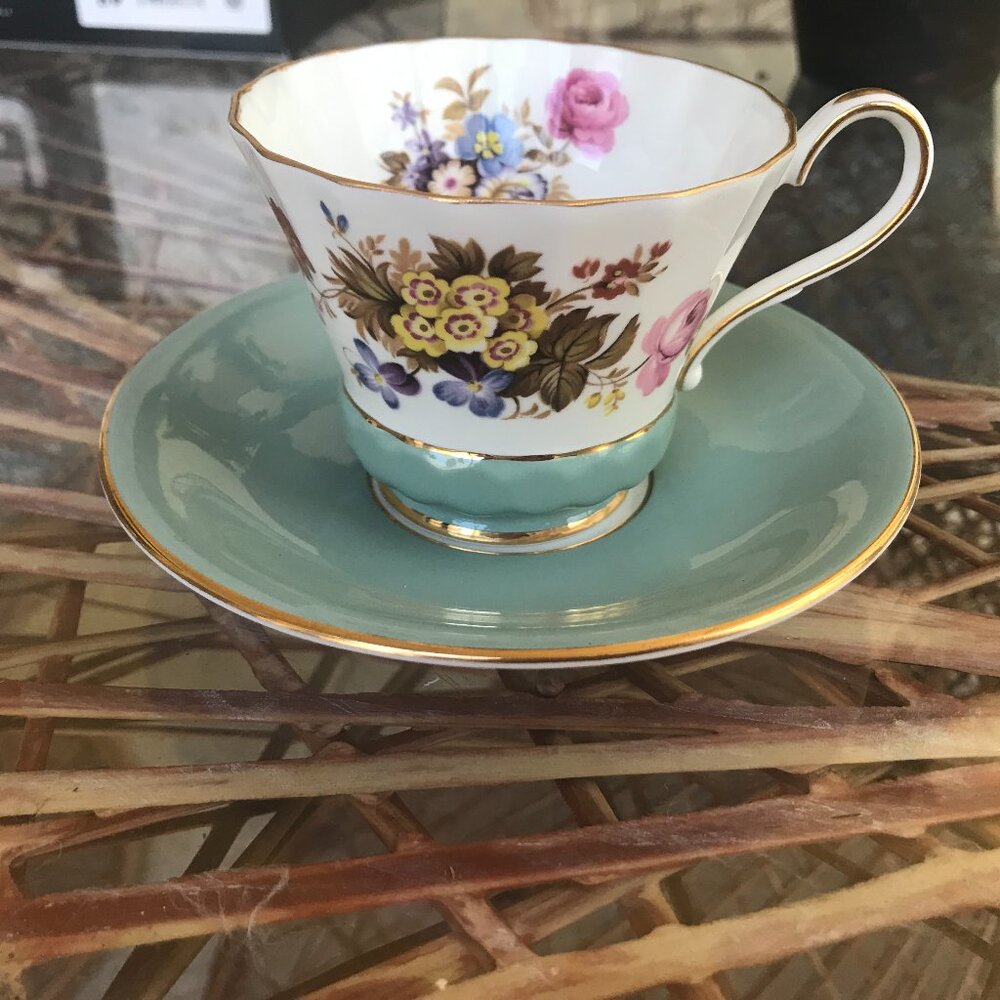 AYNSLEY RARE TEA CUP & SAUCER  TEAL COLOR GOLD RIM